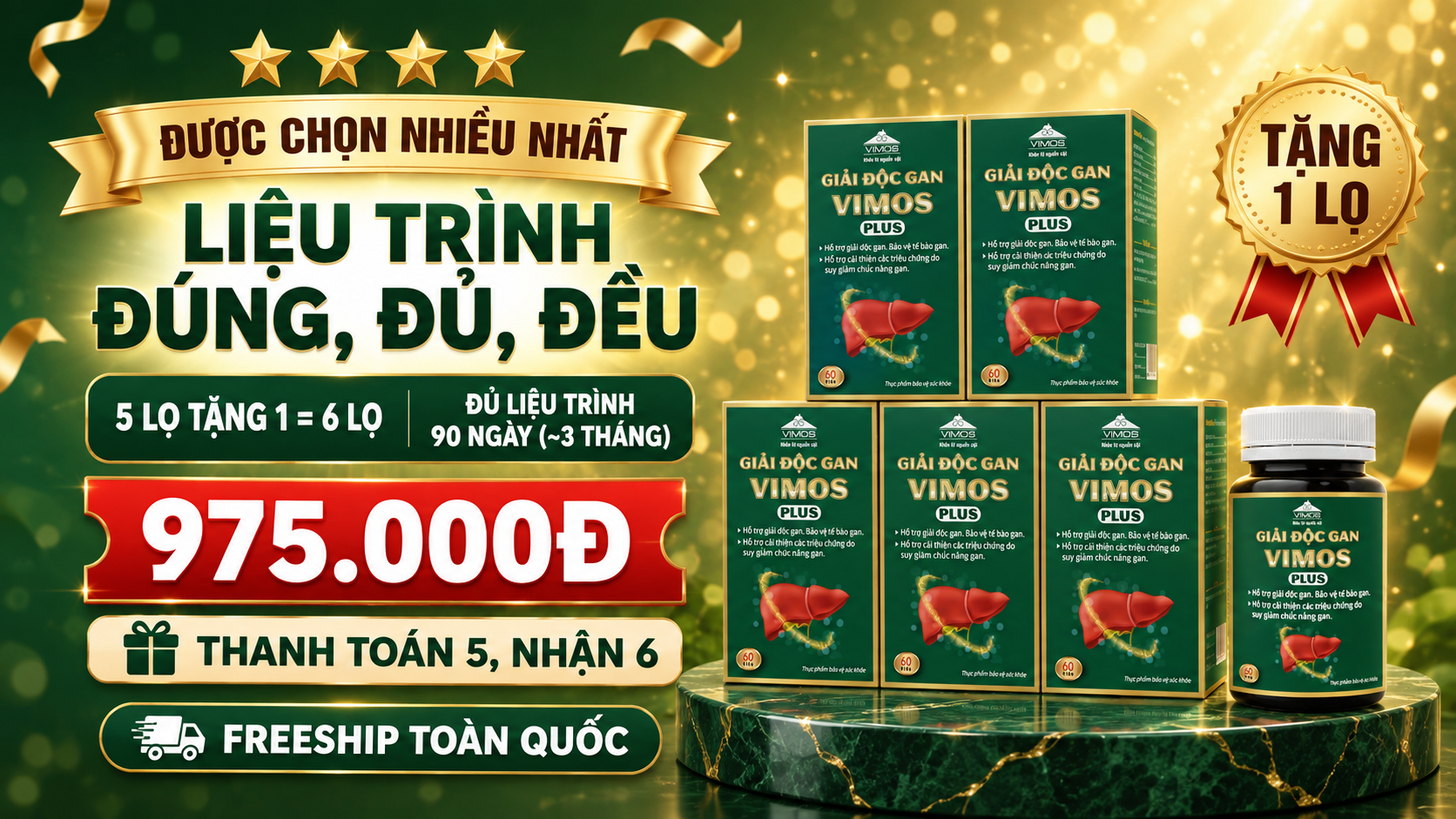 Combo Liệu Trình Đúng, Đủ, Đều — 5 lọ tặng 1, 6 lọ, 975.000đ, đủ liệu trình 90 ngày, freeship toàn quốc