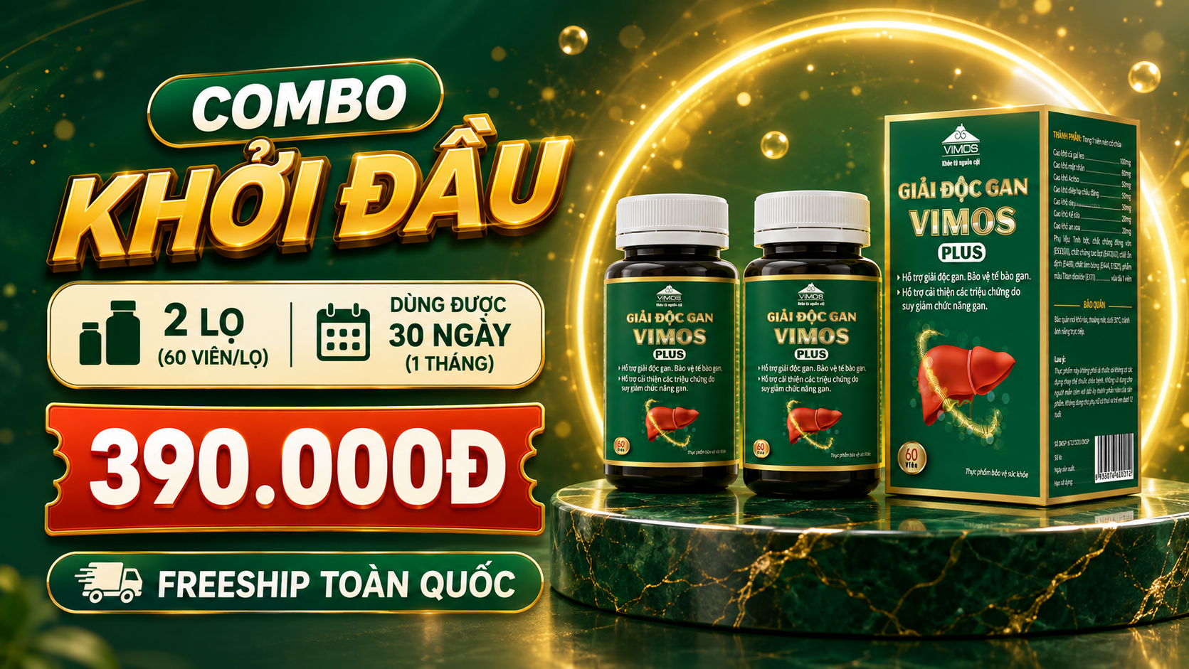 Combo Khởi Đầu — 2 lọ, 390.000đ, dùng được 30 ngày, freeship toàn quốc