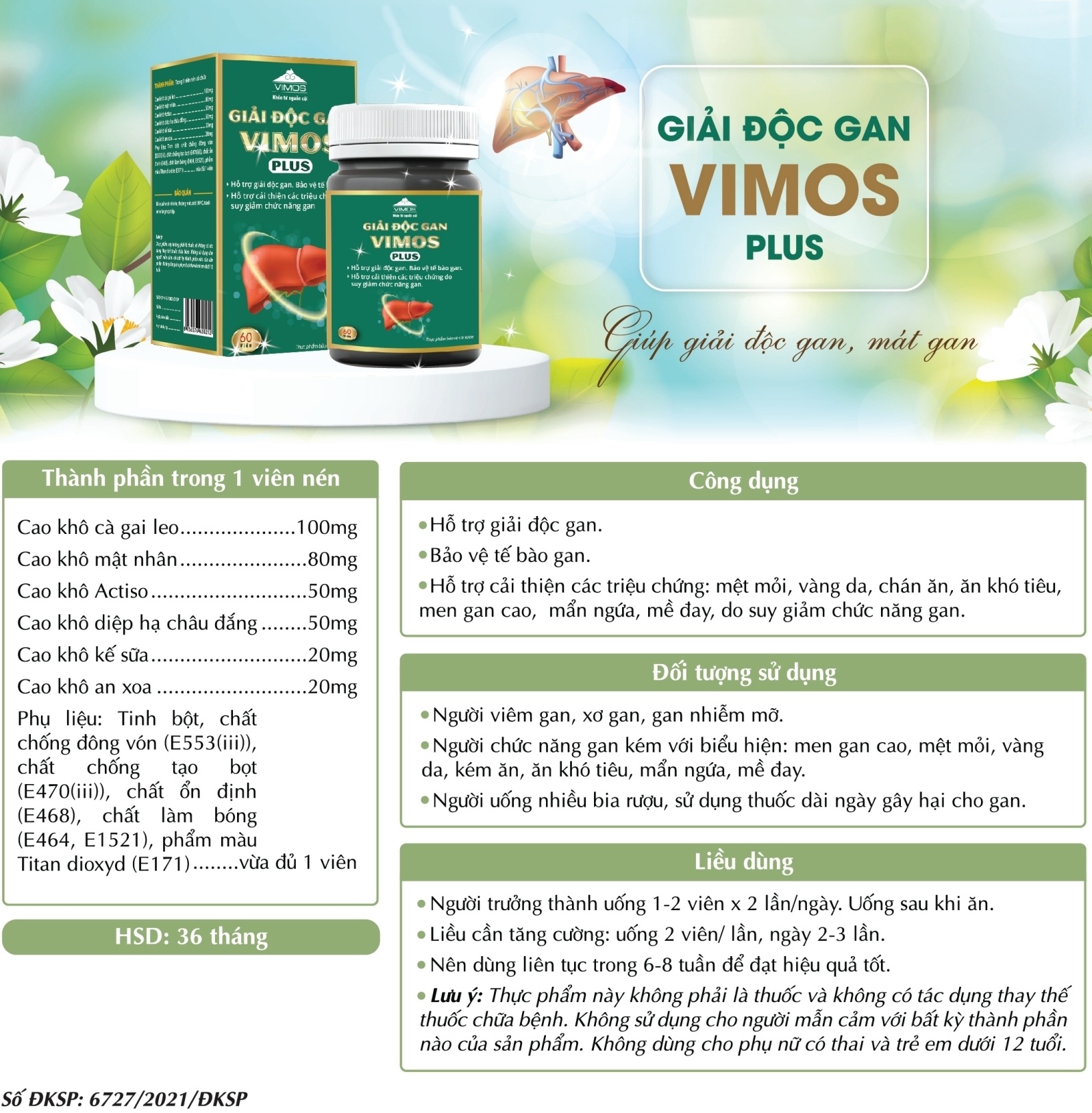 Thành phần, công dụng, đối tượng sử dụng, liều dùng, cảnh báo về sức khỏe của Giải Độc Gan Vimos Plus
